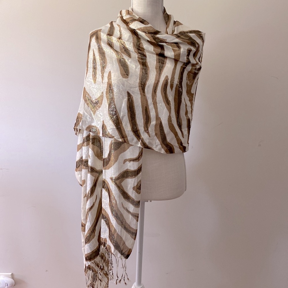 Charming Charlie women’s animal print beige/brown sparkly fringed scarf/shawl